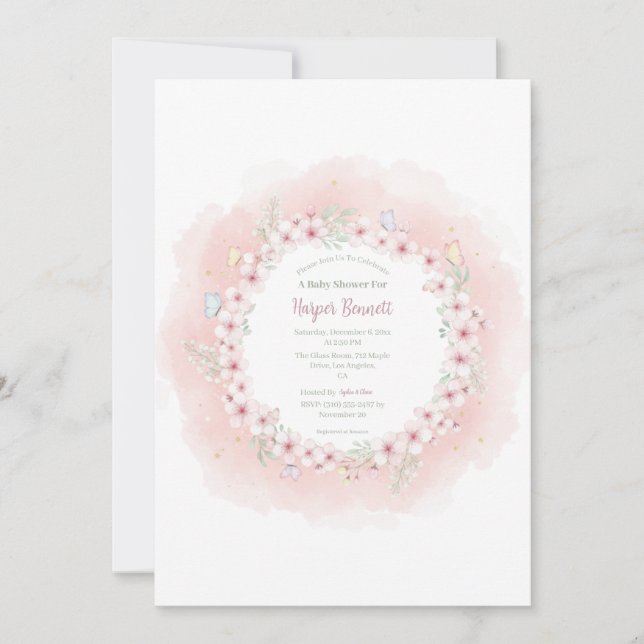 Convite para Chá de fraldas de Borboleta Cherry Bl (Frente)