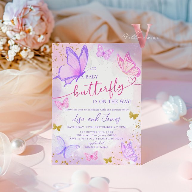 Convite para Chá de fraldas de Borboleta Dourada R (Criador carregado)