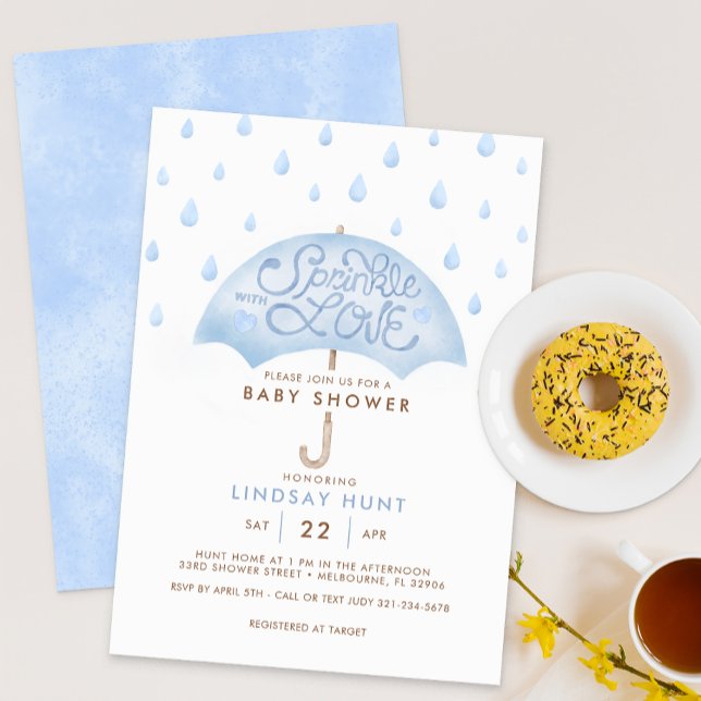 Convite para Chá de fraldas de borboleta sombria a (Blue Umbrella Sprinkle with Love Baby Shower Invite)