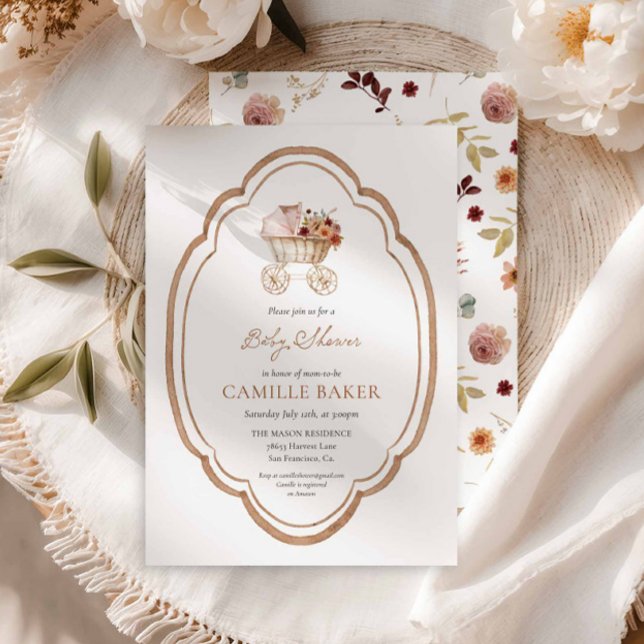 Convite para Chá de fraldas de Borgonha Floral de  (Elegant Fall Autumn Botanical Baby Shower Invitation)