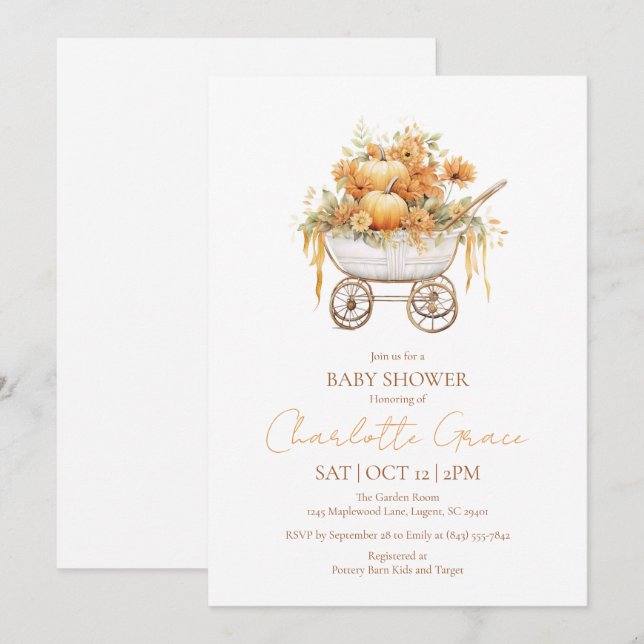 Convite para Chá de fraldas de Carruagem de abóbor (Frente/Verso)