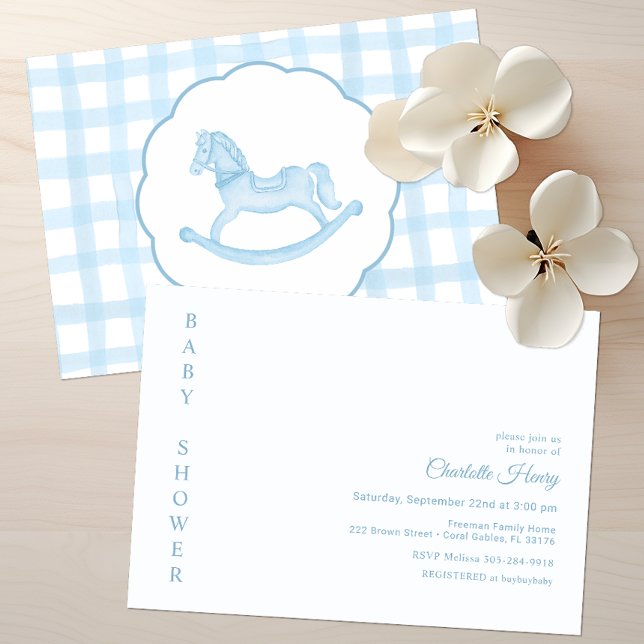 Convite para Chá de fraldas de Cavalo Rochoso Ging (Blue Rocking Horse Gingham Baby Shower Invitation)