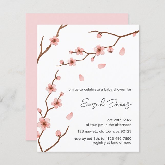 Convite para Chá de fraldas de Cerejeira Rosa-Rosa (Frente/Verso)