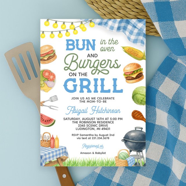 Convite para Chá de fraldas de CHURRASCO Azul - Ar (Blue BBQ Baby Shower Invitation - Bun in the Oven
)