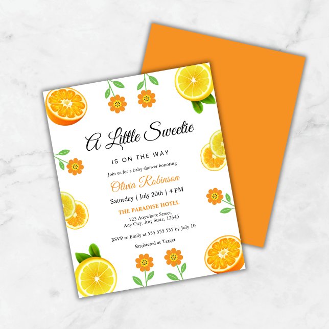 Convite para Chá de fraldas de Citros de Limão Orç (Budget Lemon Orange Citrus Botanical Baby Shower Invitation  )