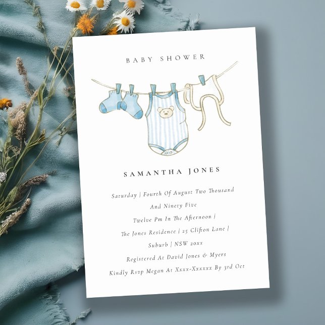 Convite para Chá de fraldas de Clothesline Blue Bo (Criador carregado)