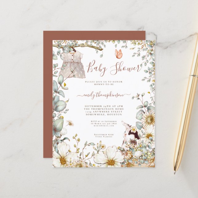 Convite para Chá de fraldas de Coelhinha de Orçame (Frente/Verso In Situ)