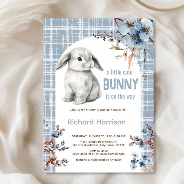 Convite para chá de fraldas de coelhinho da flores (Cute Bunny Baby Shower Invitation Boy | Blue Floral Spring Rabbit Theme)