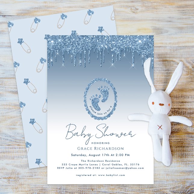 Convite para Chá de fraldas de Coleta Azul (Blue Glitter Elegant Baby Shower Invitation)
