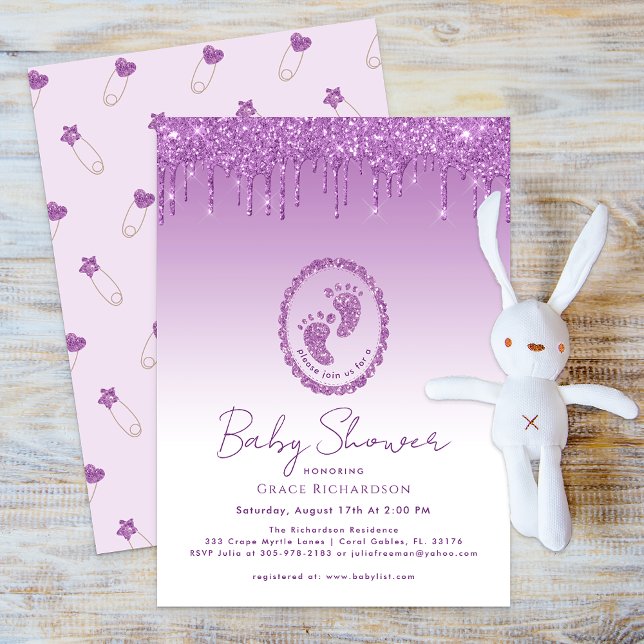 Convite para Chá de fraldas de Coleta Roxa (Purple Glitter Baby Shower Invite)