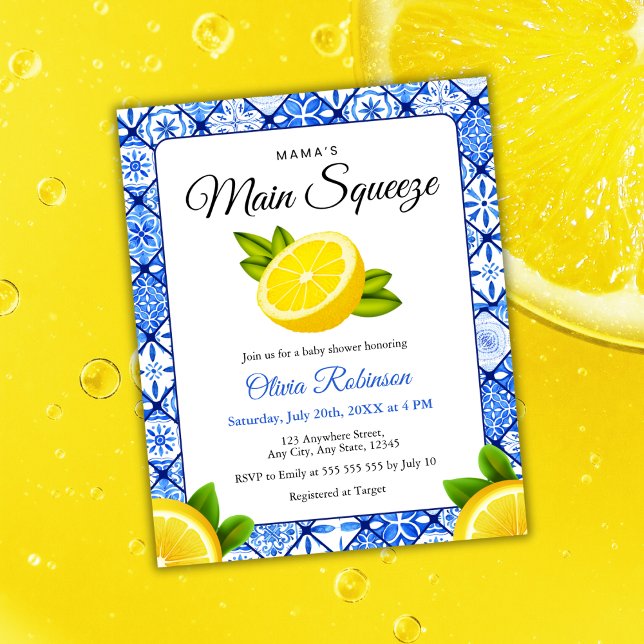 Convite para Chá de fraldas de compressão principa (Budget Mama's Main Squeeze Blue Tile Lemon Baby Shower Invitation  )