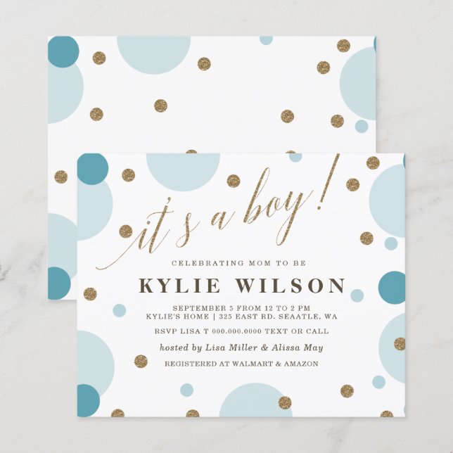 Convite para Chá de fraldas de Confetti Boy Azul d (Frente/Verso)