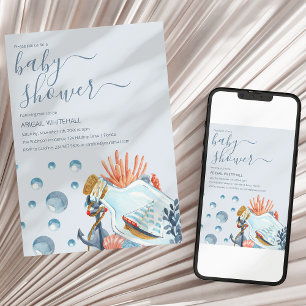 Convite para Chá de fraldas de Cores Aquáticas Náu