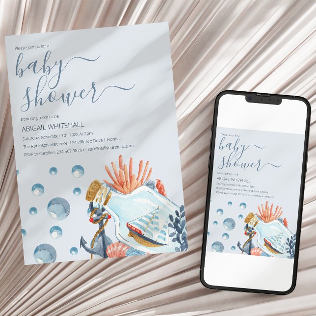 Convite para Chá de fraldas de Cores Aquáticas Náu (Criador carregado)