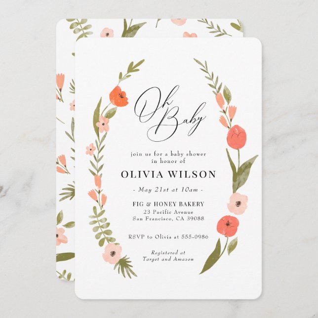 Convite para Chá de fraldas de coroa verde rosa (Frente/Verso)