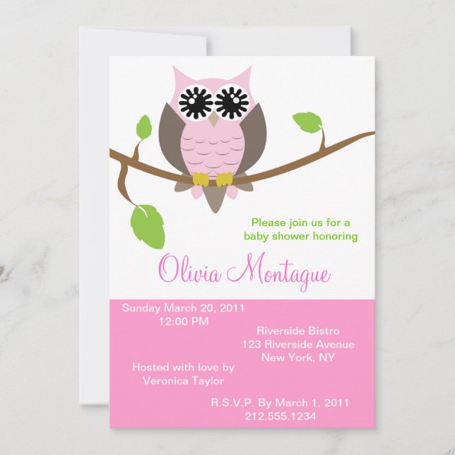 Convite para Chá de fraldas de Coruja Rosa (Frente)