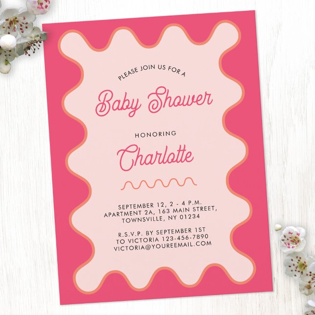 Convite para Chá de fraldas de Curva Rosa Onda Ret (Retro pink wavy curve modern personalized baby shower invitation postcard)