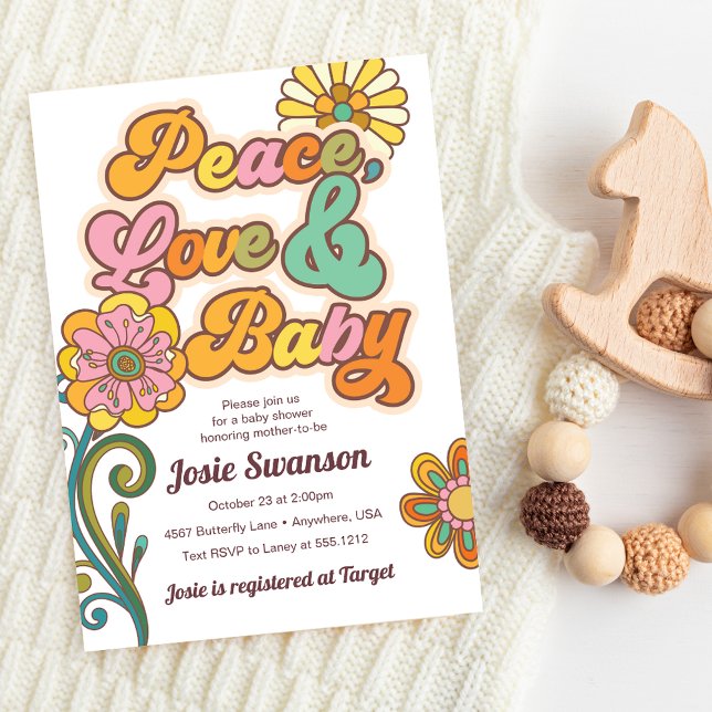 Convite para Chá de fraldas de Daisy Baby Love (Retro Peace Love Baby Daisy Baby Shower Invitation)