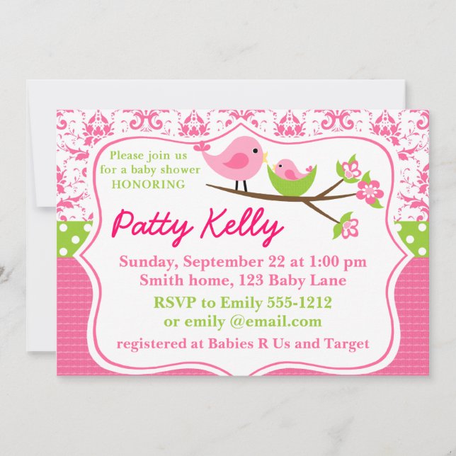 Convite para Chá de fraldas de Damasco Rosa com pá (Frente)