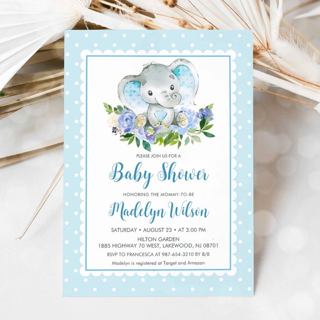 Convite para Chá de fraldas de Elefante Azul (Blue Elephant Baby Shower Invitation)