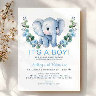 Convite para Chá de fraldas de Elefante Azul Cute