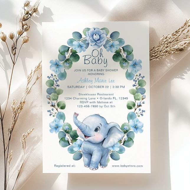 Convite para Chá de fraldas de Elefante de Cor Azu (Cute Elephant Baby Shower Invite)