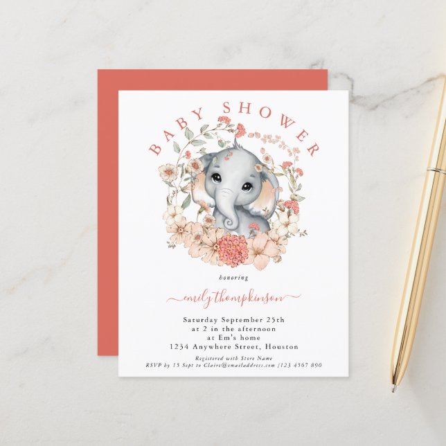 Convite para Chá de fraldas de Elefante de Coral d (Frente/Verso In Situ)
