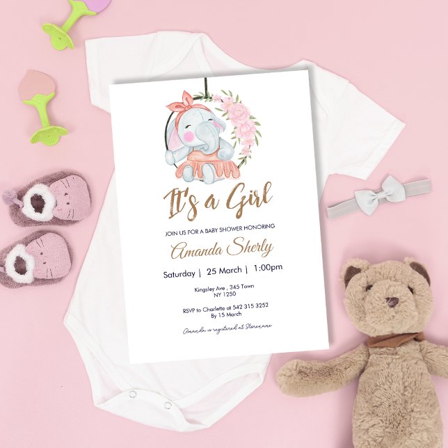 Convite para Chá de fraldas de Elefante de Menina  (Sweet Pink Girl Elephant Baby Shower Invite)
