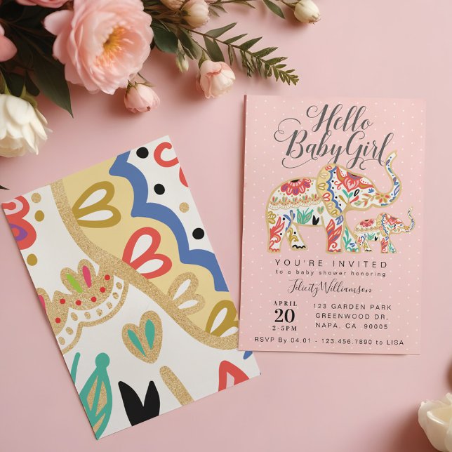 Convite para Chá de fraldas de Elefante Decorativo (Elegant Decorative Elephant Baby Shower Invitation)