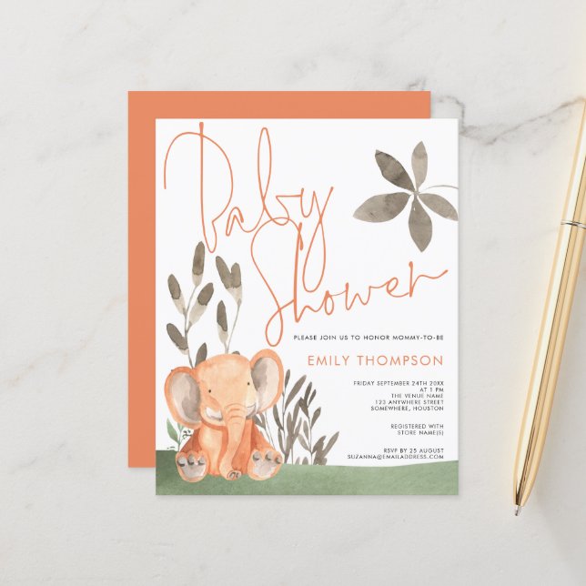 Convite para Chá de fraldas de Elefante Orçamentár (Frente/Verso In Situ)