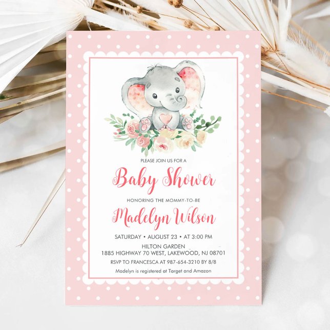 Convite para Chá de fraldas de Elefante Rosa (Pink Elephant Baby Shower Invitation)