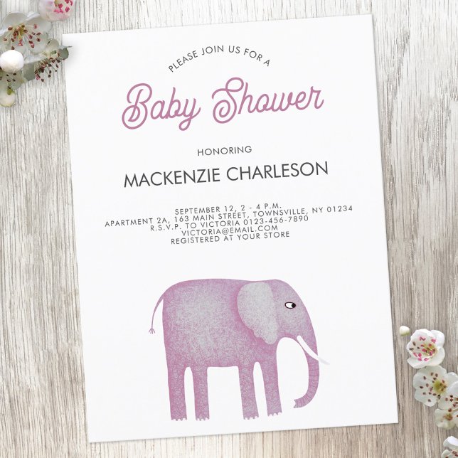 Convite para Chá de fraldas de Elefante Rosa (Pink watercolor elephant baby shower invitation postcard)