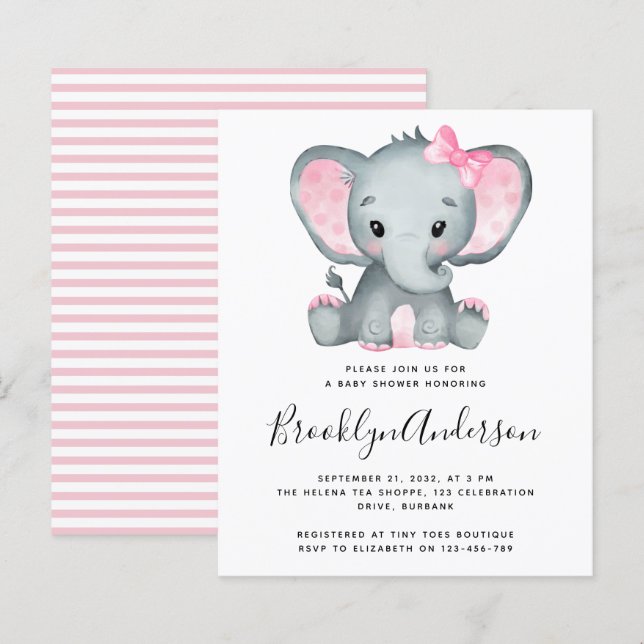 Convite para Chá de fraldas de Elefante Rosa BUDGE (Frente/Verso)