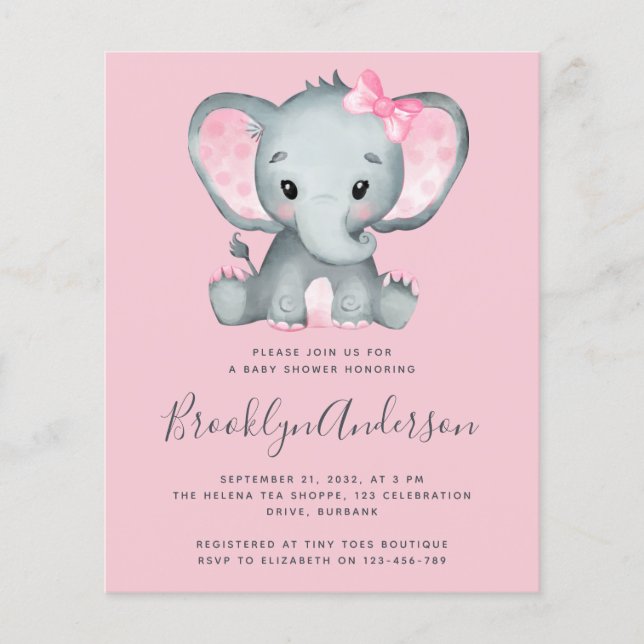 Convite para Chá de fraldas de Elefante Rosa BUDGE (Frente)