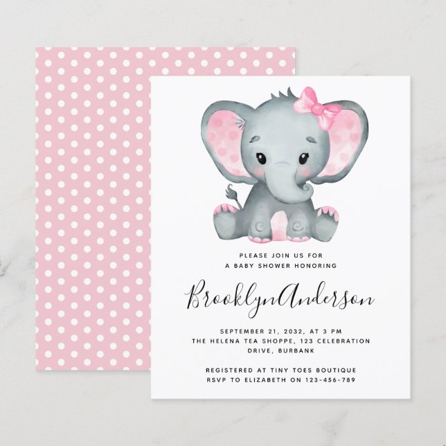 Convite para Chá de fraldas de Elefante Rosa BUDGE (Frente/Verso)