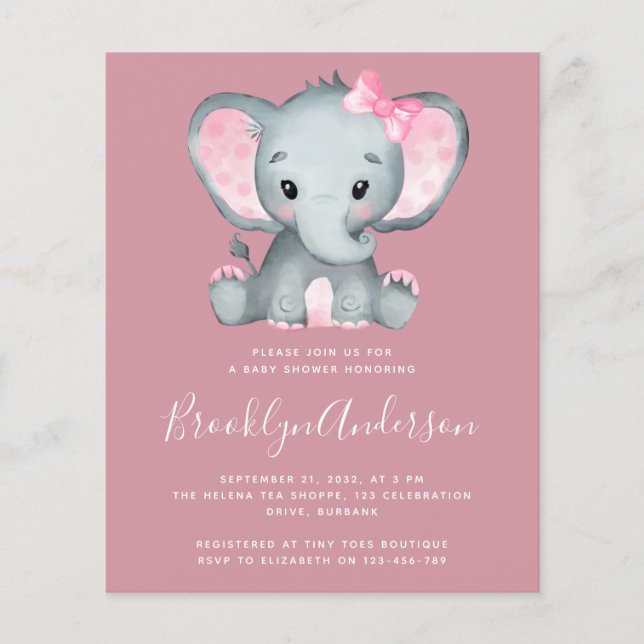 Convite para Chá de fraldas de Elefante Rosa BUDGE (Frente)