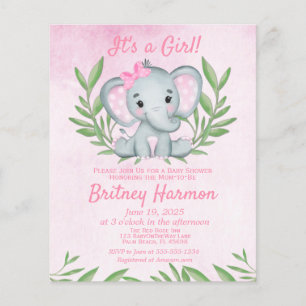 Convite para Chá de fraldas de Elefante Rosa de O