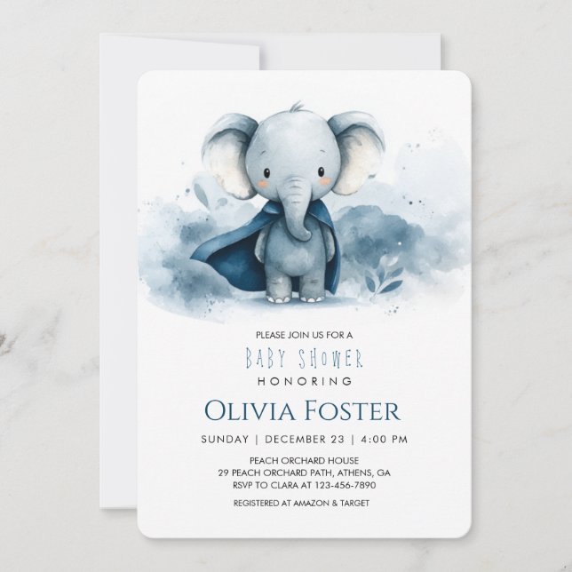 Convite para Chá de fraldas de Elefante Super Heró (Frente)