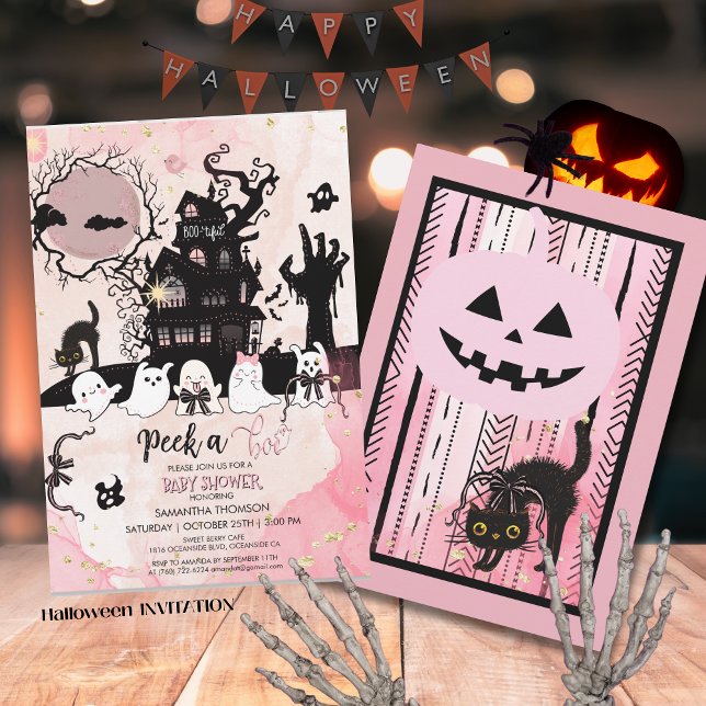 Convite para Chá de fraldas de espiões - Casa assu (Peek a Boo Baby Shower Invitation - Spooky House)