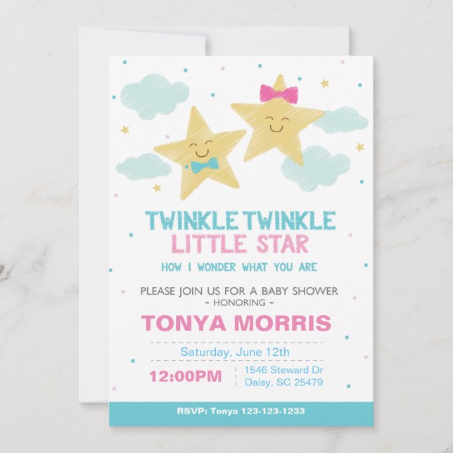 Convite para Chá de fraldas de Estrelas Gêmeas (Frente)