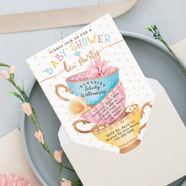 Convite para Chá de fraldas de Festa de Chic Chic  (Cute Vintage Chic Tea Party Baby Shower Invitation)