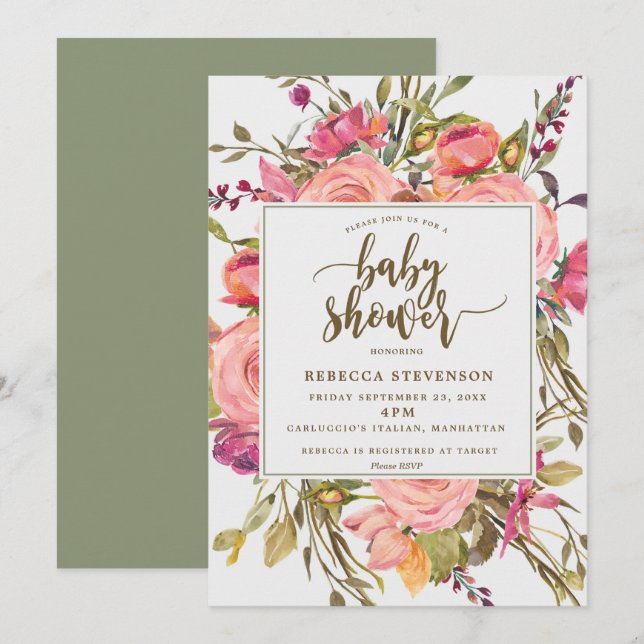 convite para chá de fraldas de flor selvagem do bo (Frente/Verso)