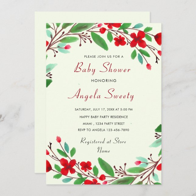 Convite para Chá de fraldas de Flores de Aquarela (Frente/Verso)