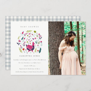 Convite para Chá de fraldas de Foto Floral Birdie