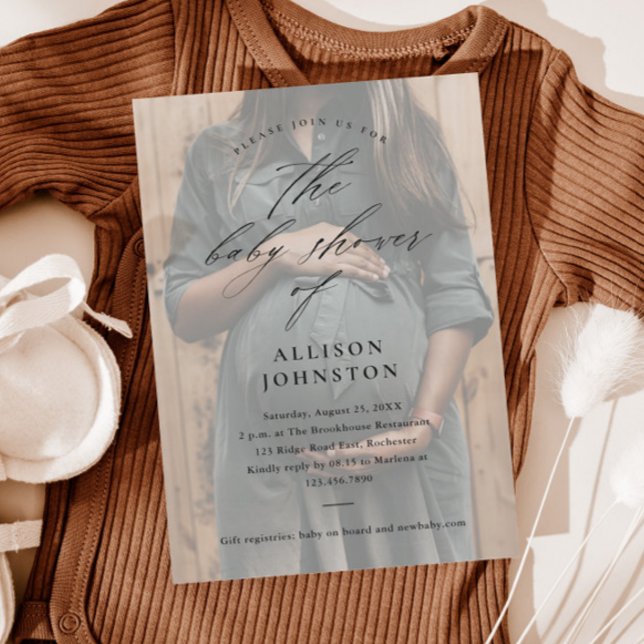 Convite para Chá de fraldas de Fotografia de Orçam (Elegant script overlay budget photo baby shower invitations.)