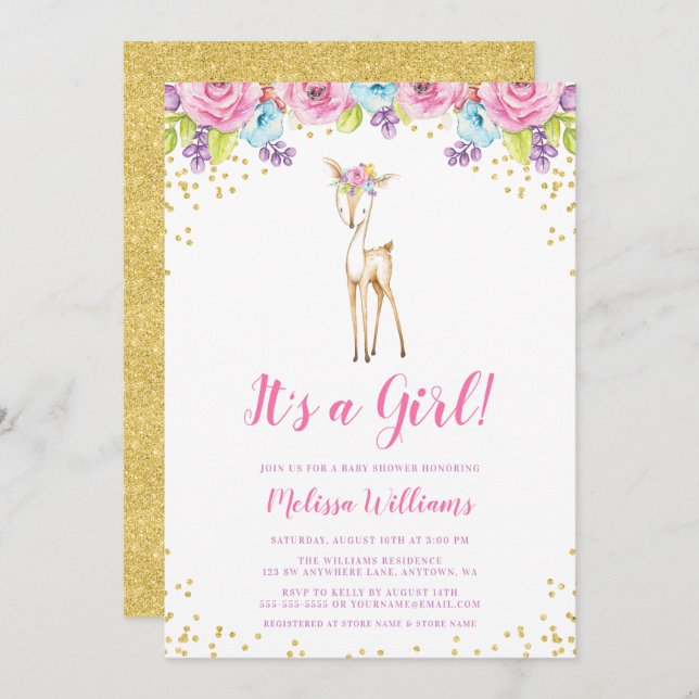 Convite para Chá de fraldas de Garota de Veado Flo (Frente/Verso)