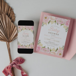 Convite para Chá de fraldas de Garota Floral Rosa