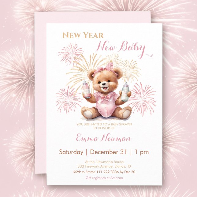 Convite para Chá de fraldas de Garota Rosa de Ano  (New Year Pink Girl Baby Shower Invitation)
