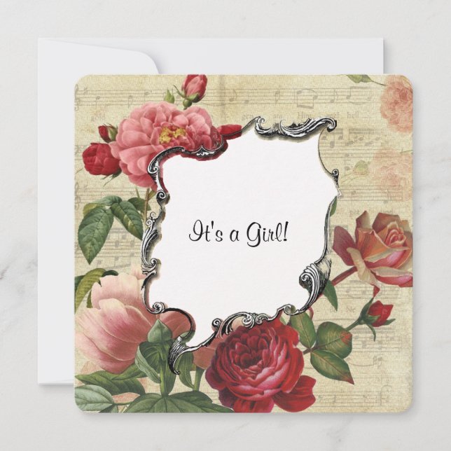 Convite Para Chá de fraldas De Garota Rosa De Vint (Frente)