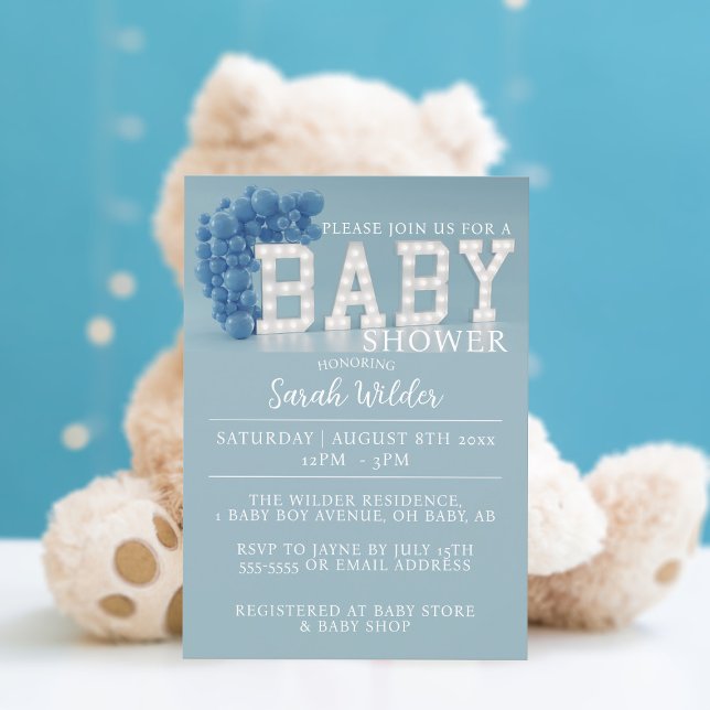 Convite para Chá de fraldas de Garoto de Arca Azul (A dusty blue balloon theme baby shower invitation waiting for your party details)